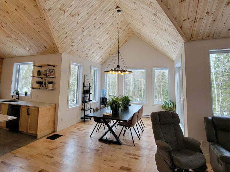 Ceilling with white pine paneling.