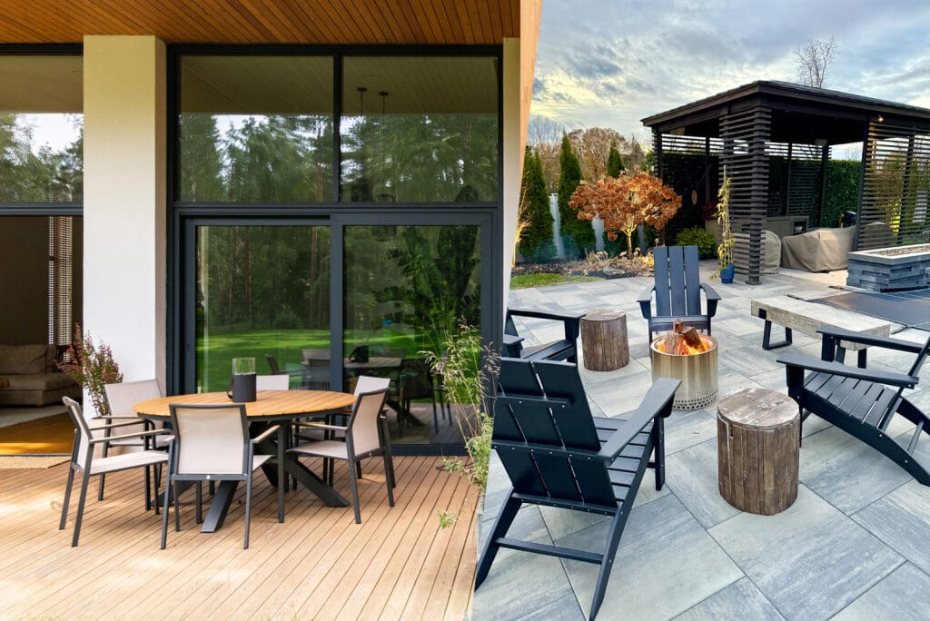 Two contrasting decks, one is a wooden warm deck, the other is a cool patio