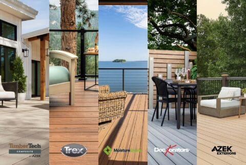Un montage de 5 marques de terrasse pour les maisons canadiennes: Timbertech, Trex, Moistureshield, Deckorators, Azek Exteriors