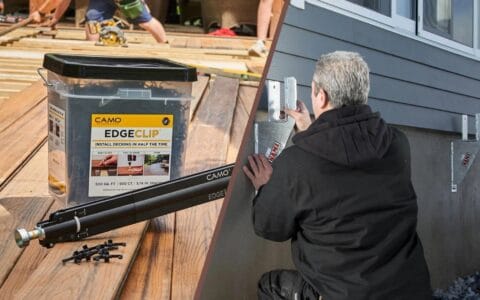Un professionnel de terrasse installe des fixations. En médaillon, un contenant de fixations Nami.