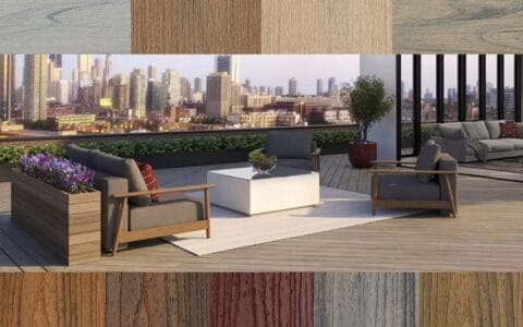 Une terrasse Trex sur toit urbain encadrée par différents échantillons de couleurs